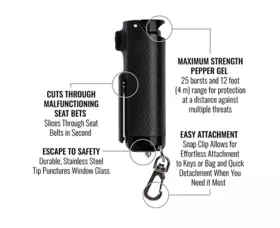 Pepřový sprej do vozidla Sabre Pepper Safe Escape 3-in-1 Automotive Tool, Černý