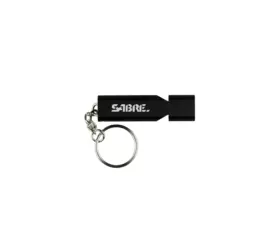 SABER bezpečnostní píšťalka s kroužkem na klíče, klíčenkou a karabinou, černá